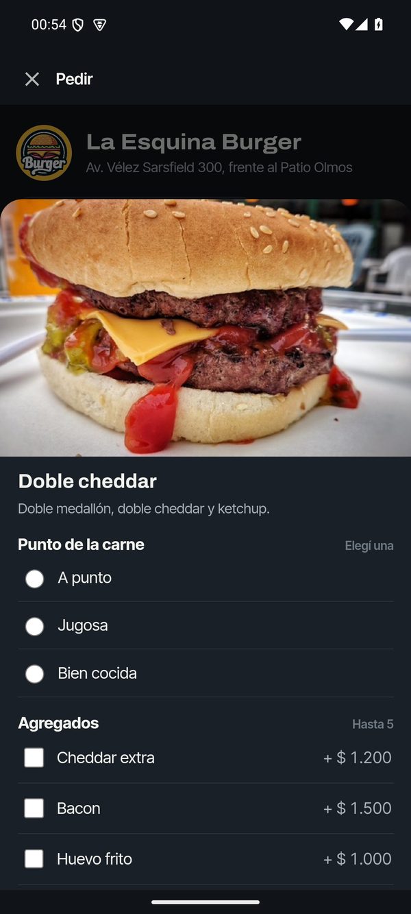 Un producto del menú con sus opciones